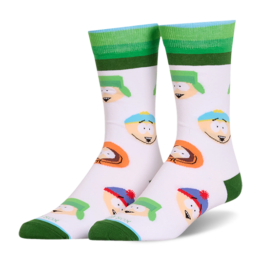 White crew socks showing a pattern of South Park character faces, complete with green heels, toes, and striped cuffs.