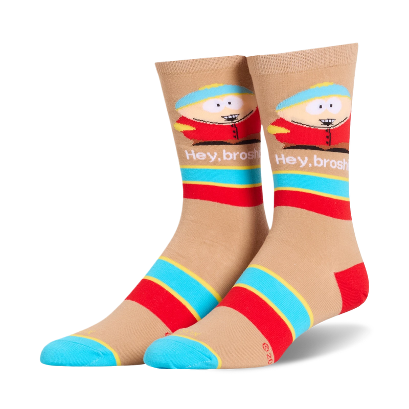 Tan crew socks featuring Eric Cartman, 'Hey, broship' text, and bold blue and red horizontal stripes.