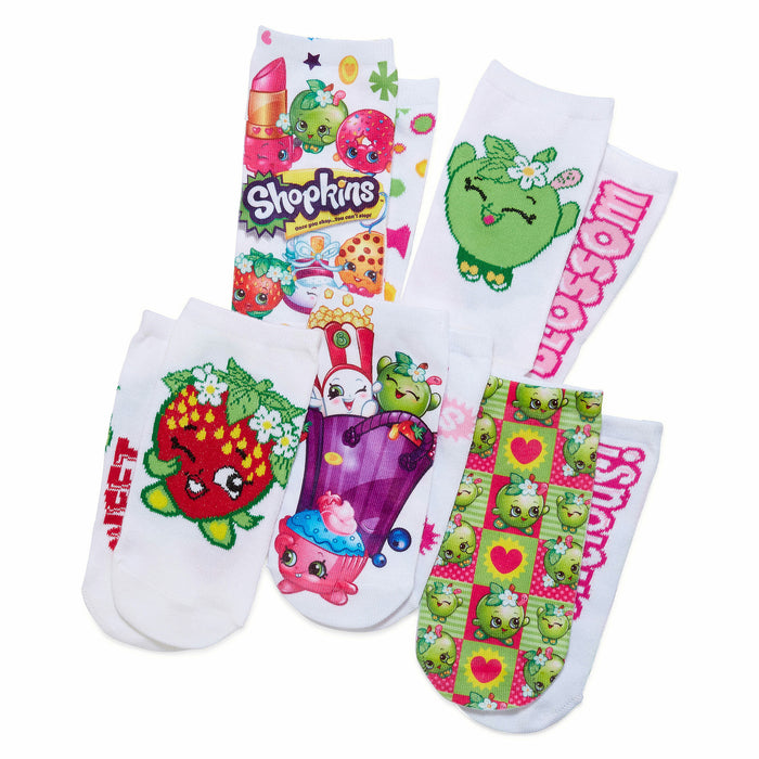 Five pairs of white crew socks with colorful Shopkins character designs. Features strawberries, apples, and other Shopkins. }}