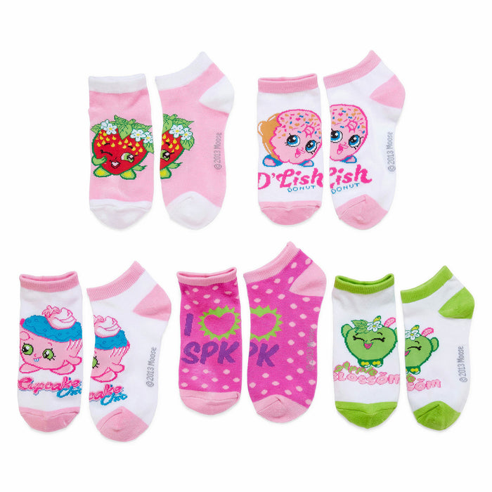 Five pairs of Shopkins ankle socks. Pink, white, and green socks with images of Shopkins characters like Strawberry Kiss and D'lish Donut. }}