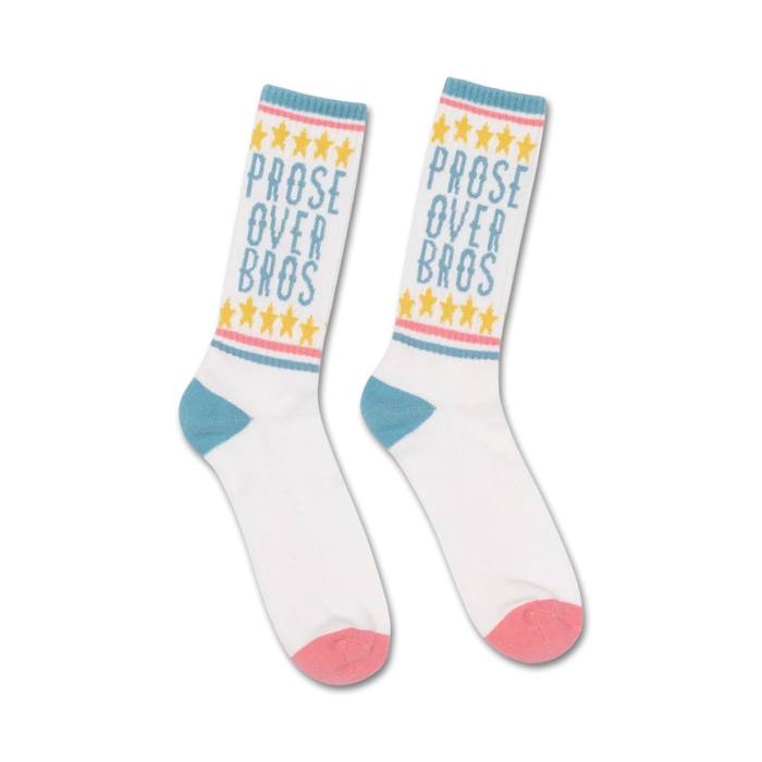 Pair of white crew socks with 'Prose Over Bros' in blue text, accented with yellow stars and pastel pink and blue stripes. }}