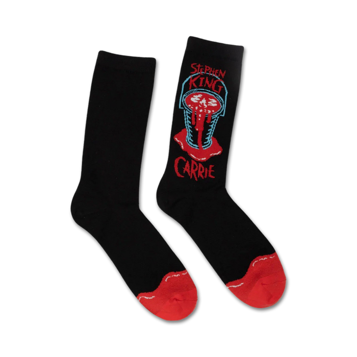 carrie by stephen king horror movie crew socks. featuring carrie. black with red cuff. men's and women's. unisex crew length.   }}