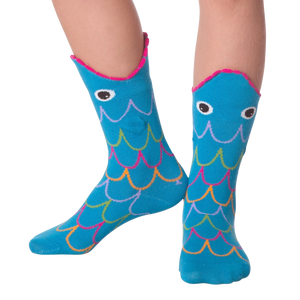 Lifestyle photo showing Fish Wide Mouth socks on a person's legs against a black background.
