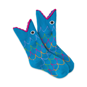 A pair of blue crew socks with a whimsical fish design. The fish have pink mouths and colorful scales.