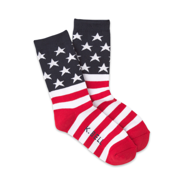 A pair of American flag crew socks in red, white, and navy blue. The top features white stars on a navy background, followed by the flag's stripes. }}