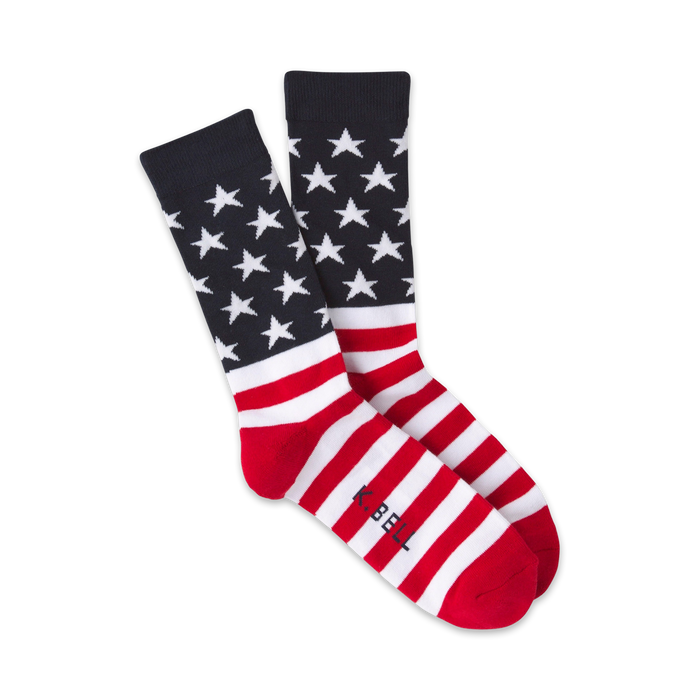 Pair of American flag crew socks. Red and white stripes with a blue star-spangled top. }}