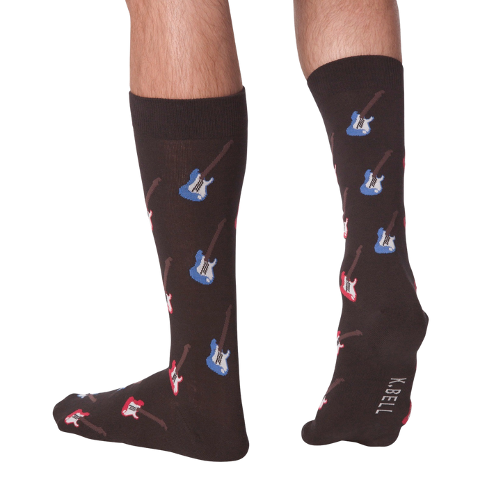 Lifestyle shot: Men's legs wearing dark brown crew socks with red and blue electric guitars.  Socks are shown from the front and back.
