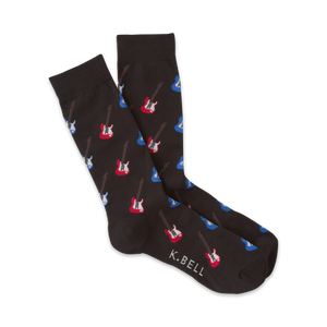 Pair of dark brown crew socks with a repeating pattern of red and blue electric guitars.