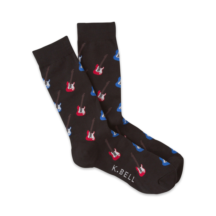 brown crew socks with red/blue electric guitar pattern. mens.   