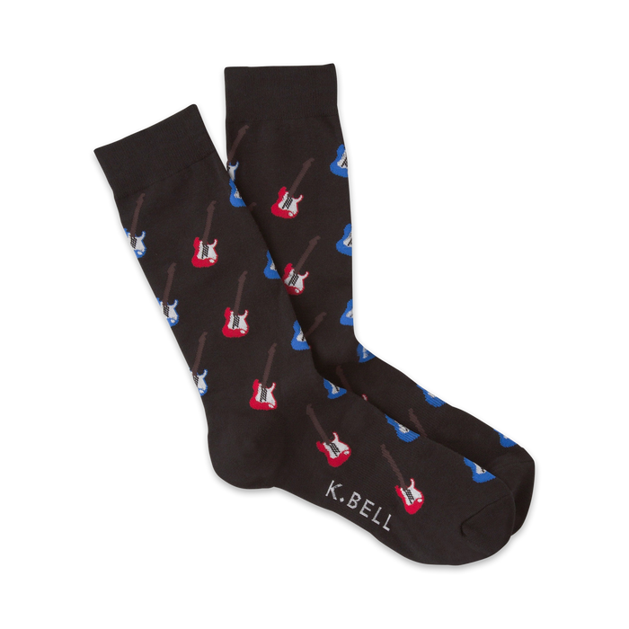 Pair of dark brown crew socks with a repeating pattern of red and blue electric guitars.