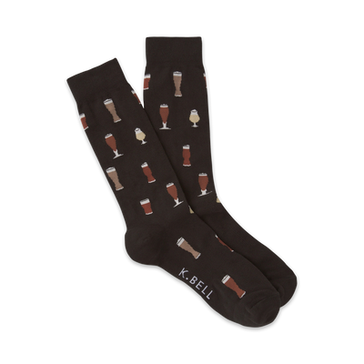 Pair of dark brown crew socks featuring a repeating pattern of beer glasses in varying shades of brown and beige.