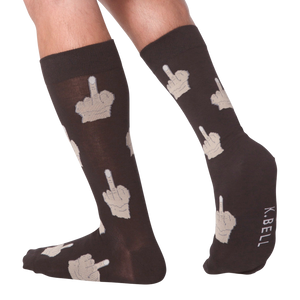 A pair of brown socks with a pattern of middle fingers.