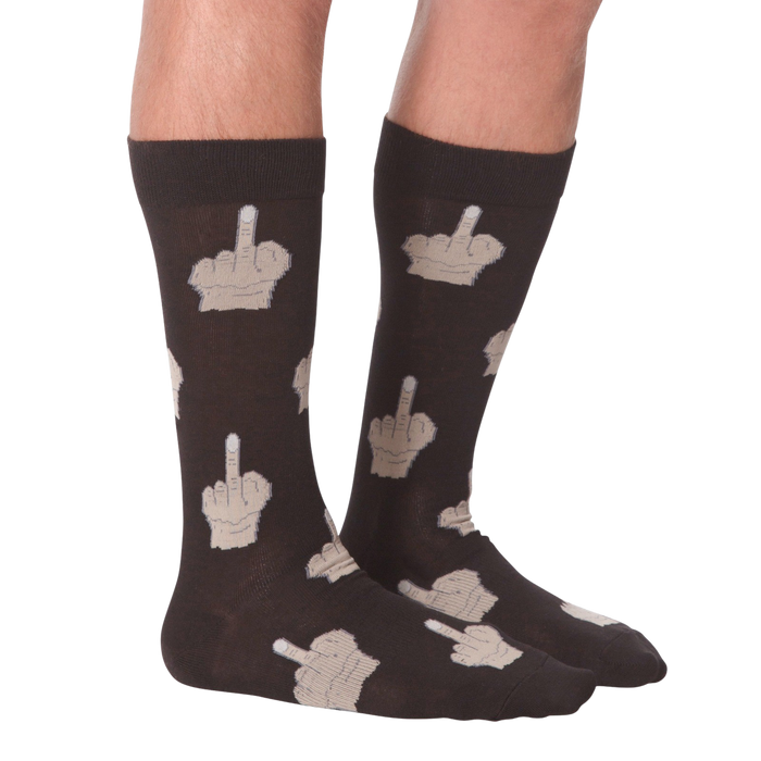 Close-up detail shot of the beige middle finger print on the dark brown socks.