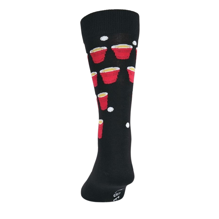 A black sock with a pattern of red plastic cups full of beer and ping pong balls.