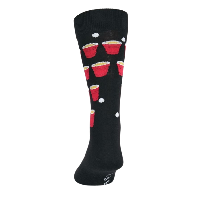 Back view of a black Beer Pong sock showcasing the full design.