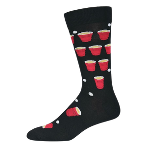 Lifestyle shot of a single Beer Pong sock worn on a foot, showing the sock's fit and design.