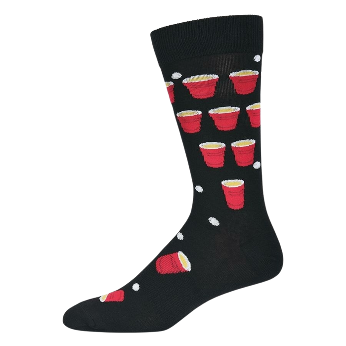 A black sock with a pattern of red plastic cups full of beer and ping pong balls.