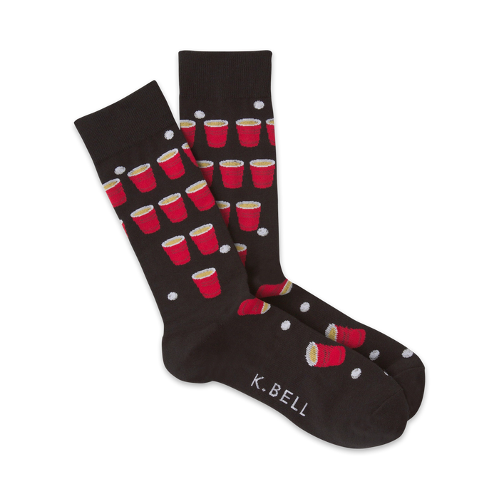 black crew socks with red plastic cup and white ping pong ball pattern.  