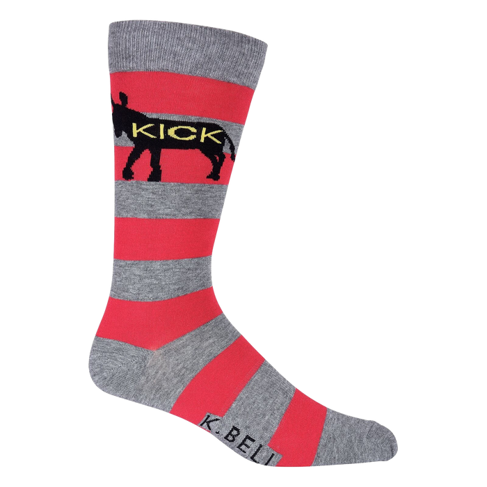 Crew socks in grey and coral featuring horizontal stripes and a black donkey graphic with the word 'KICK' across it. }}