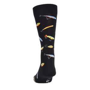 Back view of black crew socks with a whimsical fishing lure pattern.