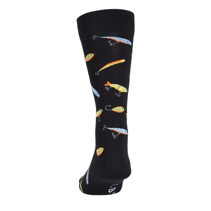Back view of black crew socks with a whimsical fishing lure pattern.