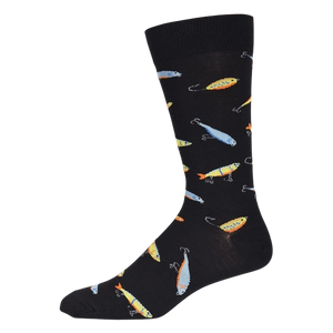 Side view of black crew socks showcasing the colorful fishing lure design.