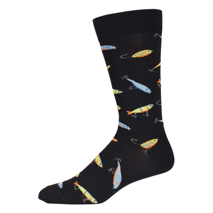 Side view of black crew socks showcasing the colorful fishing lure design.