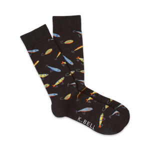 Pair of black crew socks with a fun pattern of colorful fishing lures.