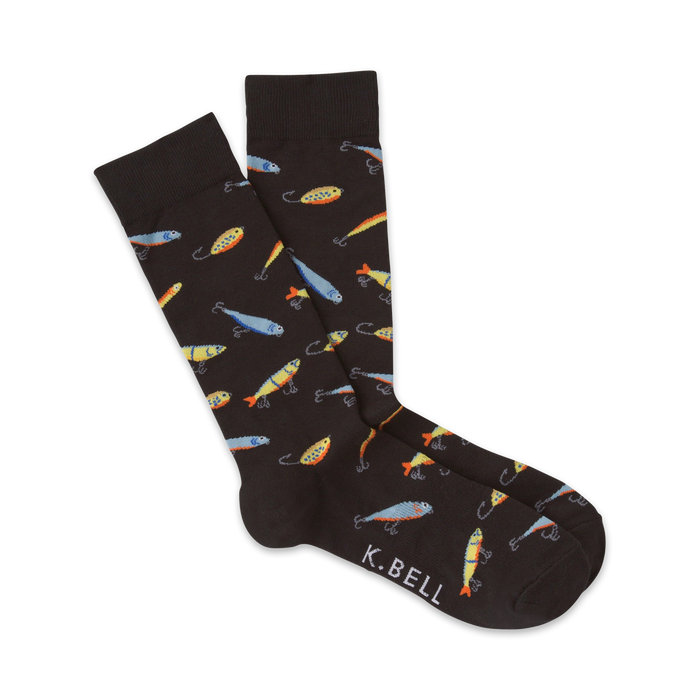 Pair of black crew socks with a fun pattern of colorful fishing lures.