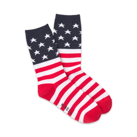 red, white, and blue crew socks feature a stars and stripes pattern for a patriotic look. perfect for women who want to show their american pride.   