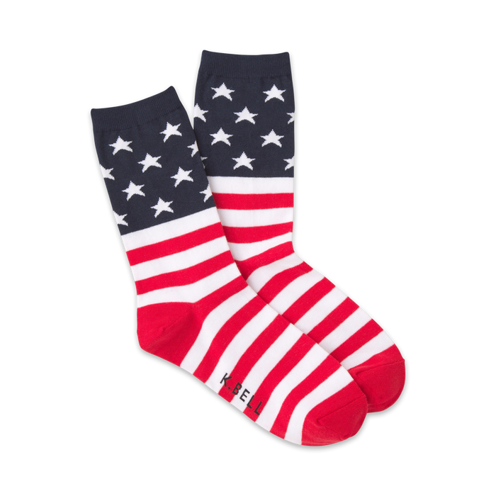 red, white, and blue crew socks feature a stars and stripes pattern for a patriotic look. perfect for women who want to show their american pride.    }}