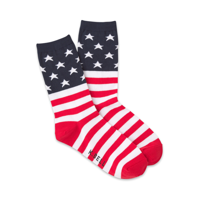 Pair of crew socks in red, white, and navy blue. The socks feature a design of the American flag: stars on navy blue at the top, and red and white stripes at the bottom. }}