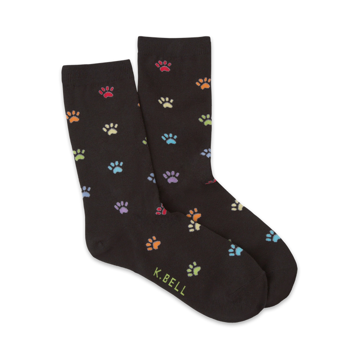 Pair of black crew socks with multicolored paw prints.  The socks are comfortable and fun. }}