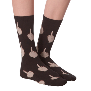 A pair of brown socks with a pattern of middle fingers.