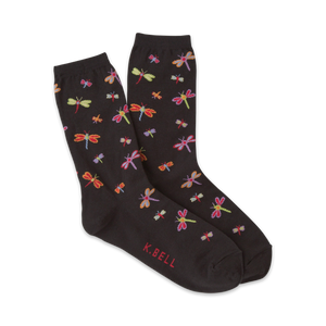 Pair of dark grey crew socks with a whimsical pattern of colorful dragonflies.