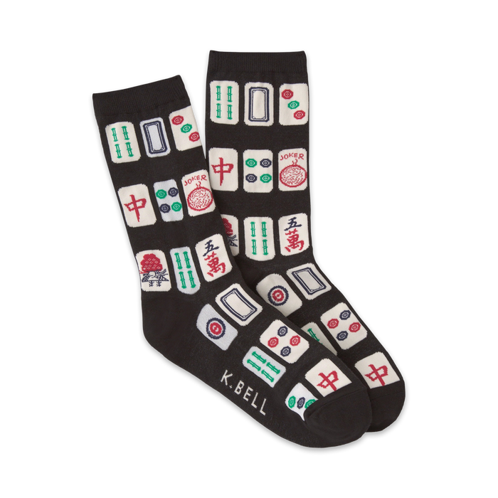 Pair of black crew socks with colorful Mah Jong tile designs. Red, green, and white tiles are featured on a dark background. }}