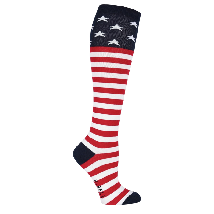 A red, white, and blue knee-high sock with stars and stripes.