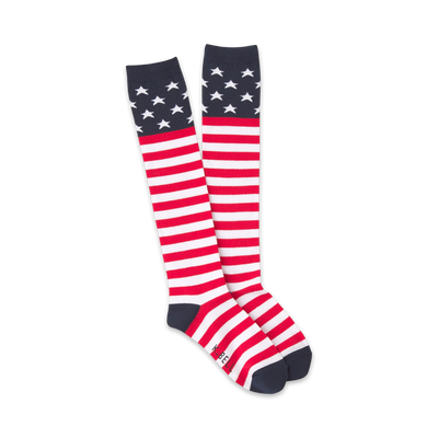 Pair of red, white, and blue knee-high socks with an American flag design. Stars at the top, stripes on the lower leg.