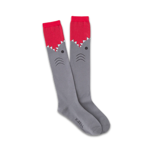 Pair of gray knee-high socks with a red shark face design. The shark's mouth is open, showing sharp teeth.
