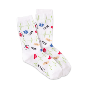 Pair of white crew socks with EKG lines, red hearts, and medical icons like bandages and stethoscopes in red, blue, and green.