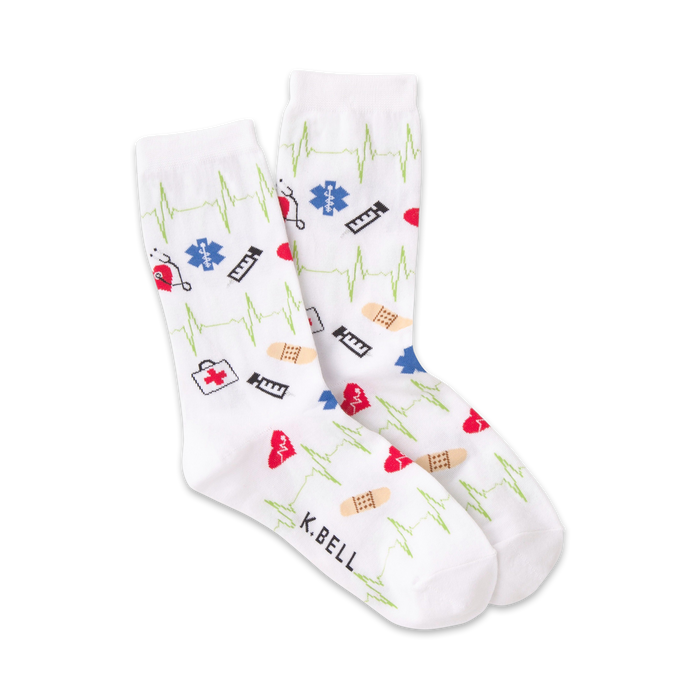 women's crew socks with medical symbols like hearts, ekg lines, caduceus, first aid kits, and bandages.  