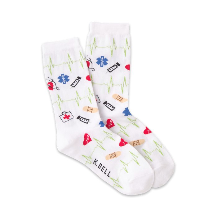 Pair of white crew socks with EKG lines, red hearts, and medical icons like bandages and stethoscopes in red, blue, and green.