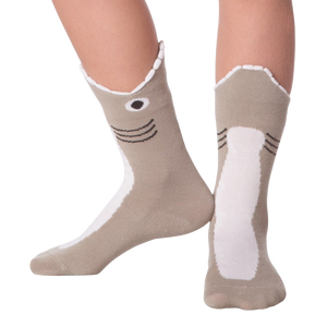 Lifestyle shot showing Shark Wide Mouth socks on a person's legs.