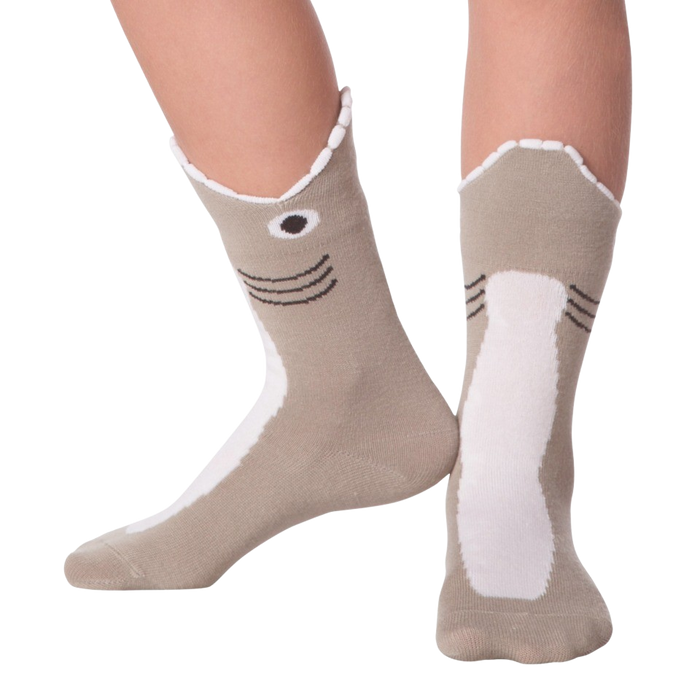 Lifestyle shot showing Shark Wide Mouth socks on a person's legs.