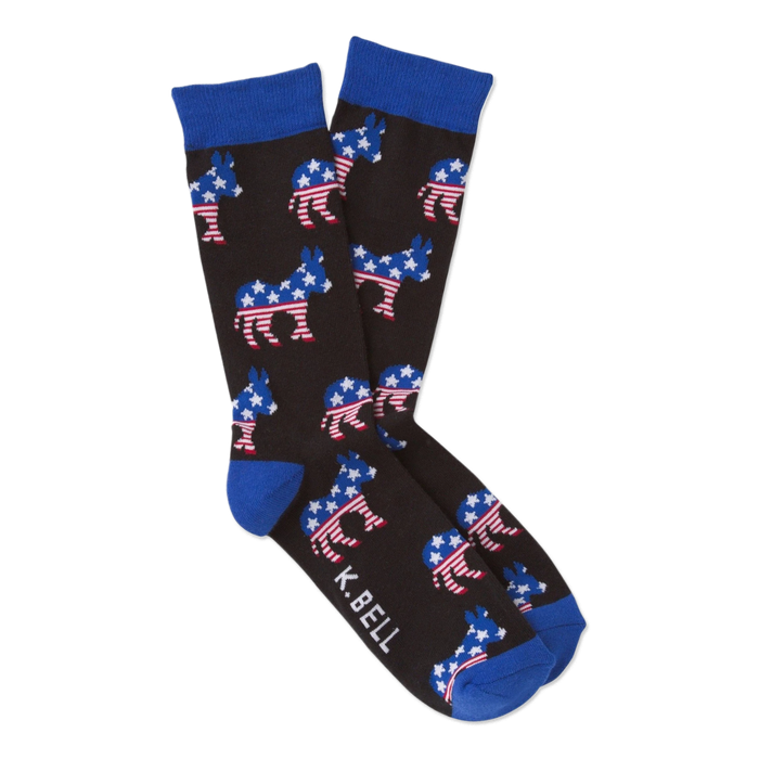 Pair of dark brown crew socks with blue cuffs, heels, and toes, covered in American flag patterned donkeys. }}