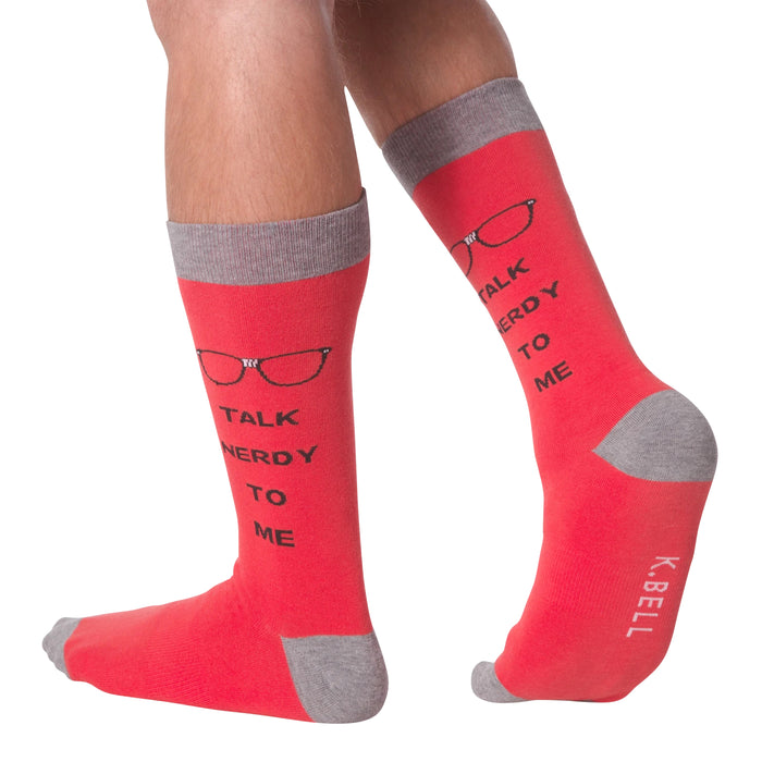 Lifestyle shot of a model wearing a pair of red 'Talk Nerdy To Me' socks.