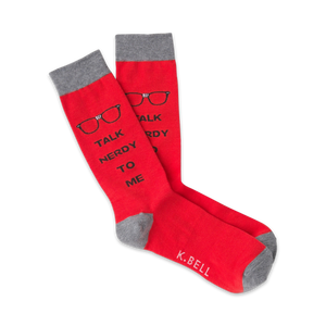 Pair of red crew socks with grey cuffs. Features a graphic of glasses and the text 'Talk Nerdy To Me'.