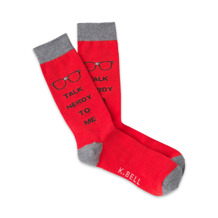 Pair of red crew socks with grey cuffs. Features a graphic of glasses and the text 'Talk Nerdy To Me'.