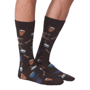 Another lifestyle shot of the 'Drums' socks, this time from the front, showing how the pattern looks when worn.