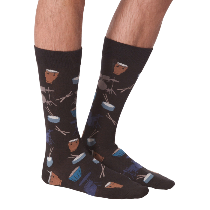 Another lifestyle shot of the 'Drums' socks, this time from the front, showing how the pattern looks when worn.
